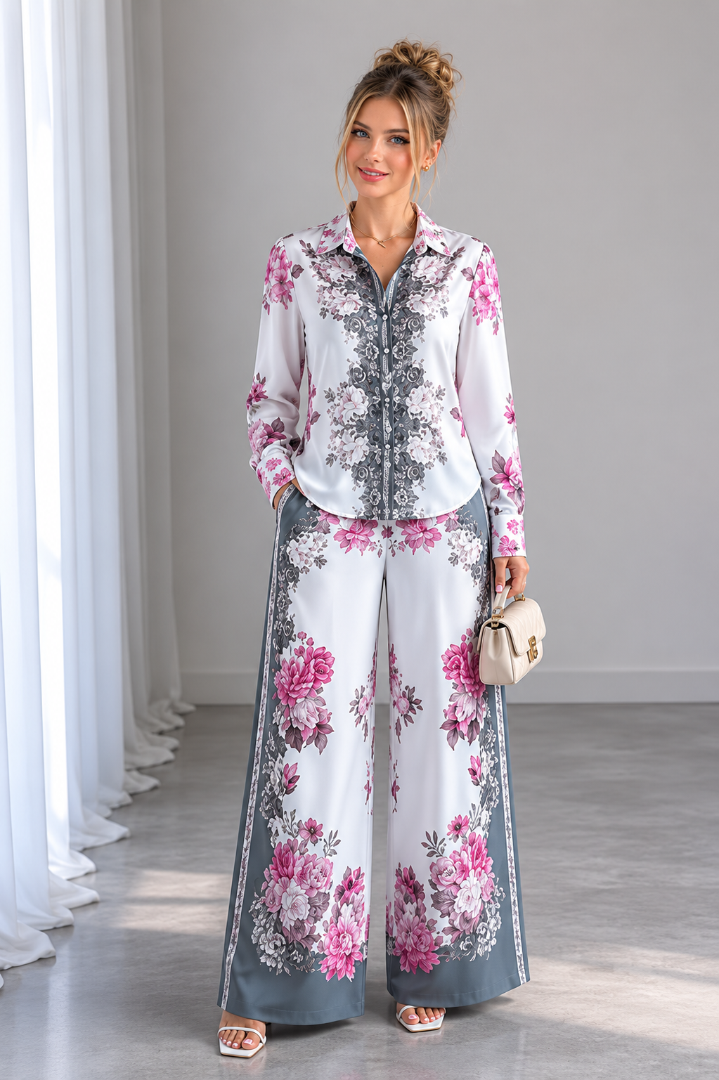Ensemble 2 Pièces Luxe Imprimé Rose Baroque – Chemise Manches Longues et Pantalon Large Femme