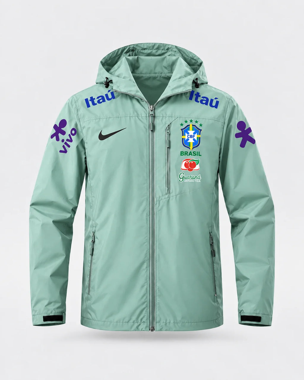 Veste d’Entraînement Équipe du Brésil Vert Menthe à Capuche – Écusson CBF, Logos Bleu et Violet