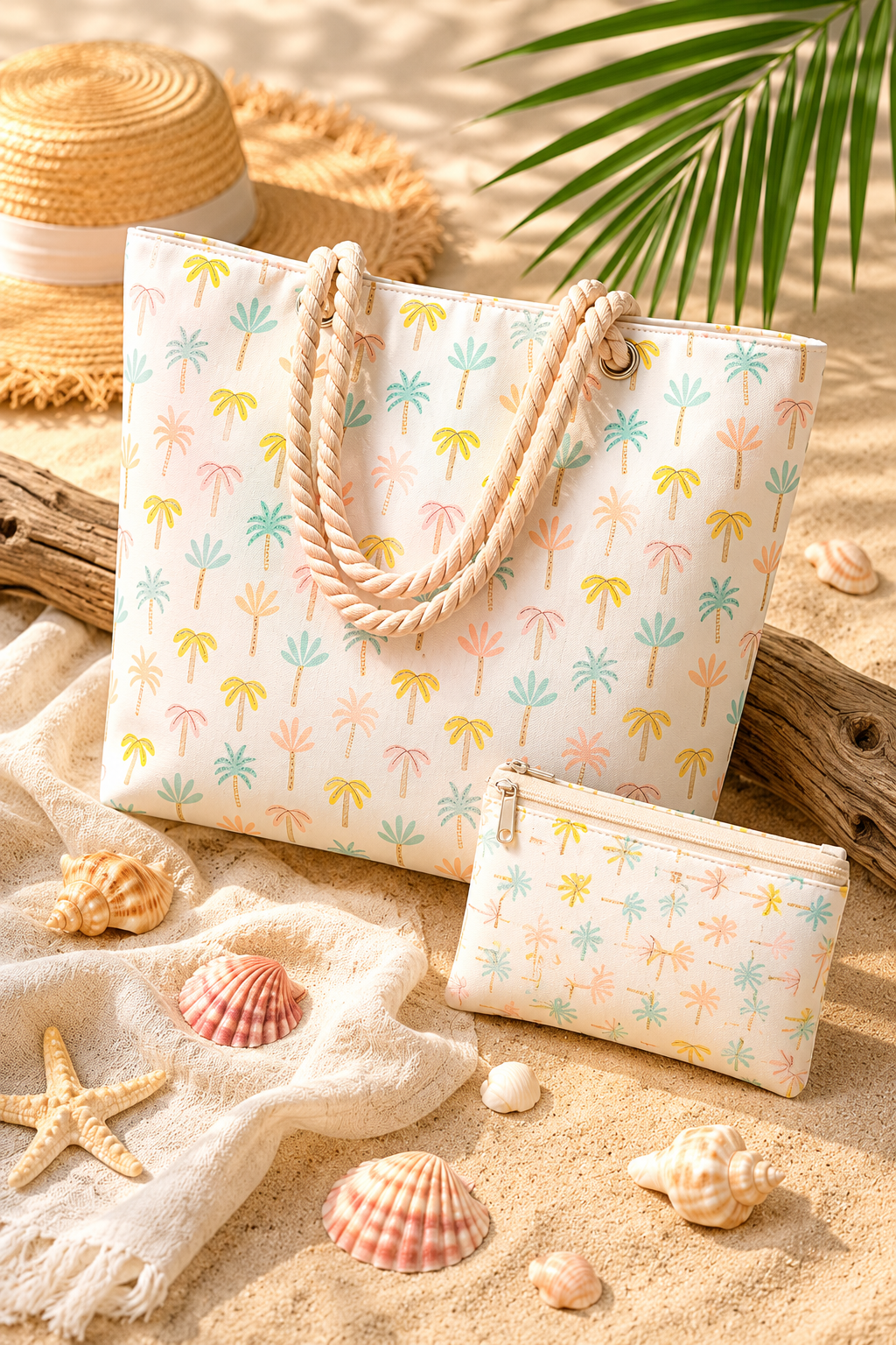 Ensemble Tote Bag & Pochette Palmiers Pastel – Collection Bord de Mer
