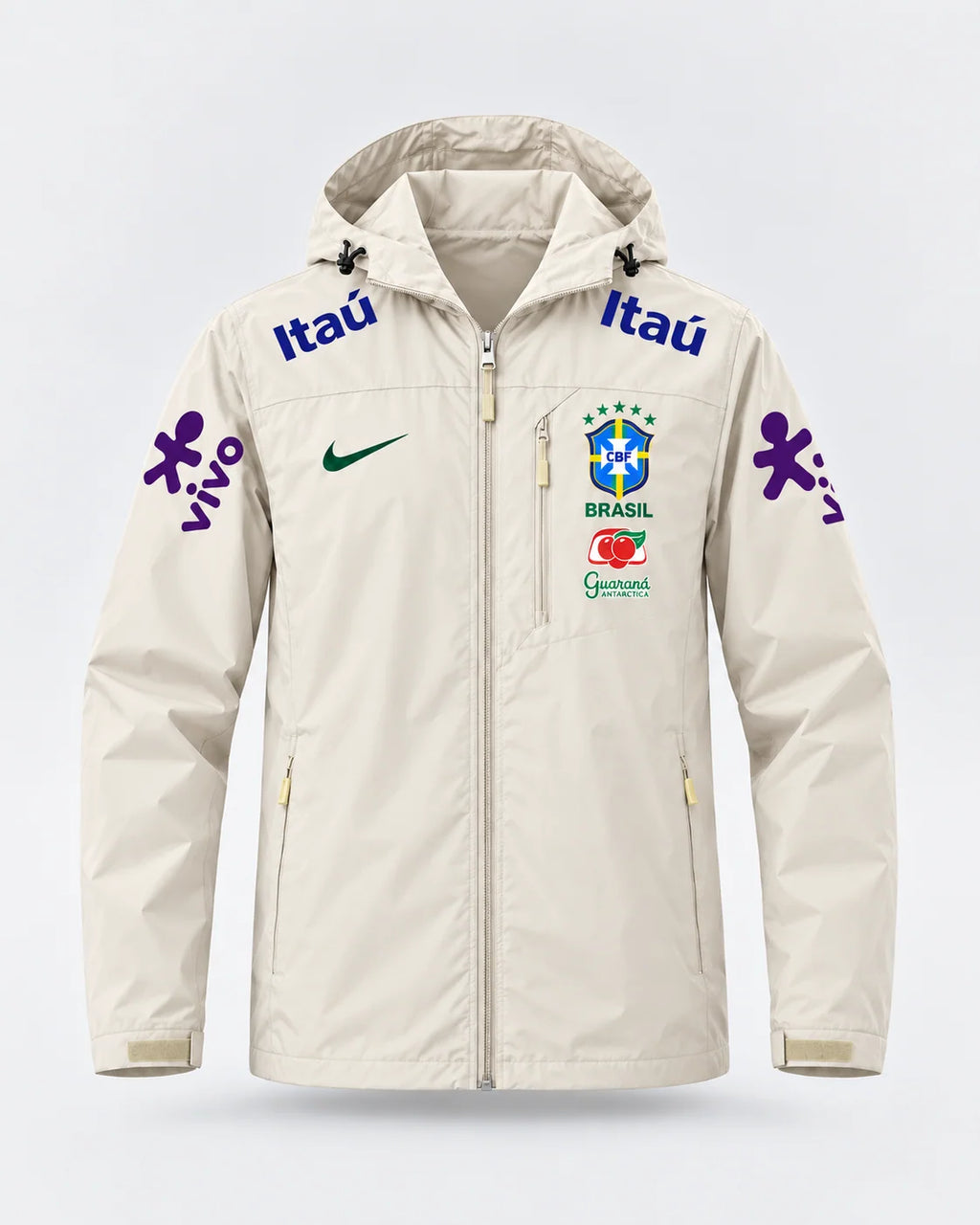 Veste d’Entraînement Équipe du Brésil Beige à Capuche – Écusson CBF, Logos Bleu, Violet et Vert