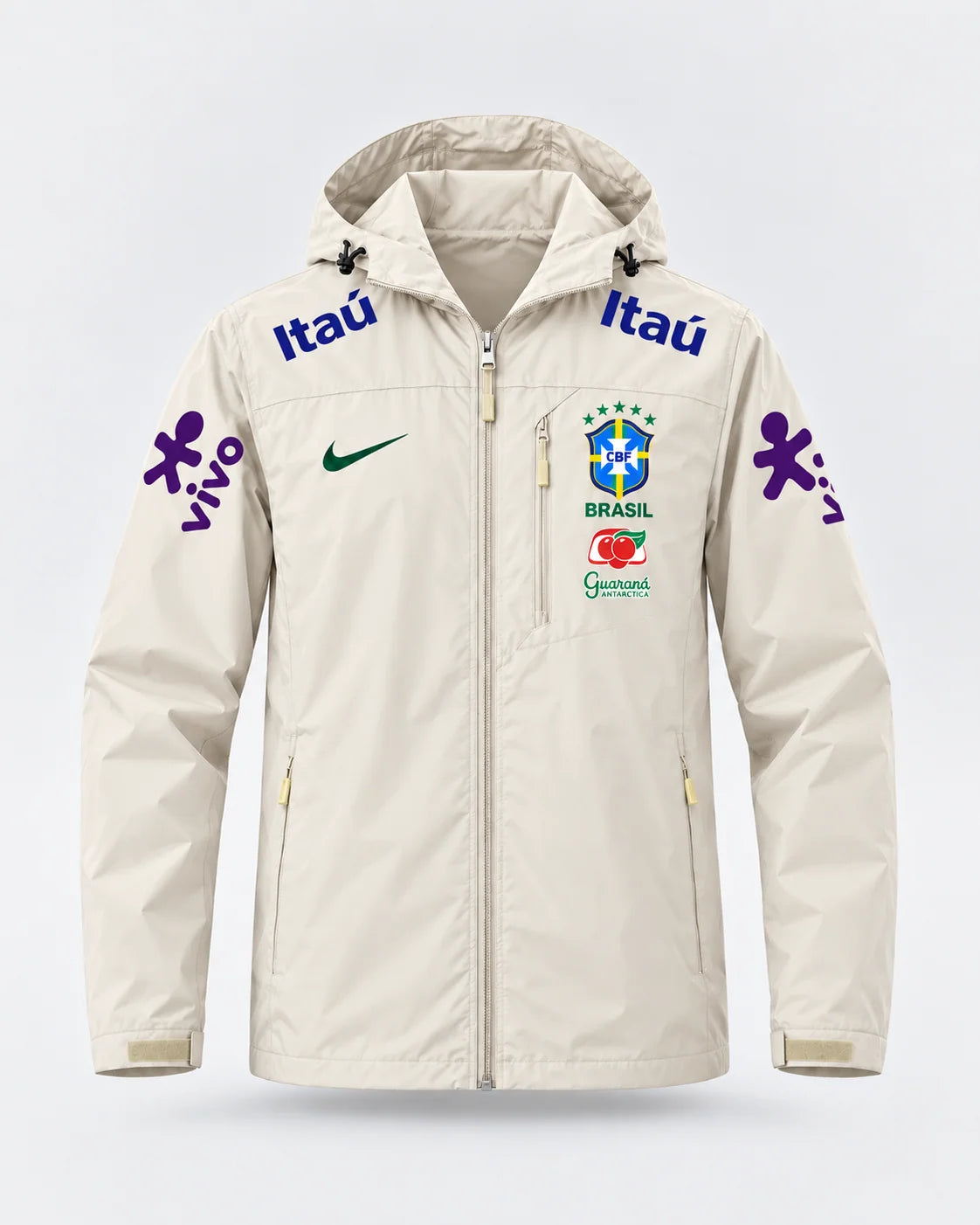 Veste d’Entraînement Équipe du Brésil Beige à Capuche – Écusson CBF, Logos Bleu, Violet et Vert