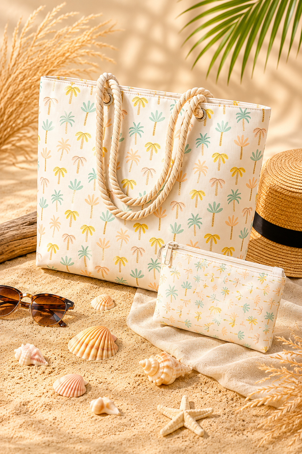 Ensemble Tote Bag & Pochette Palmiers Pastel – Collection Bord de Mer
