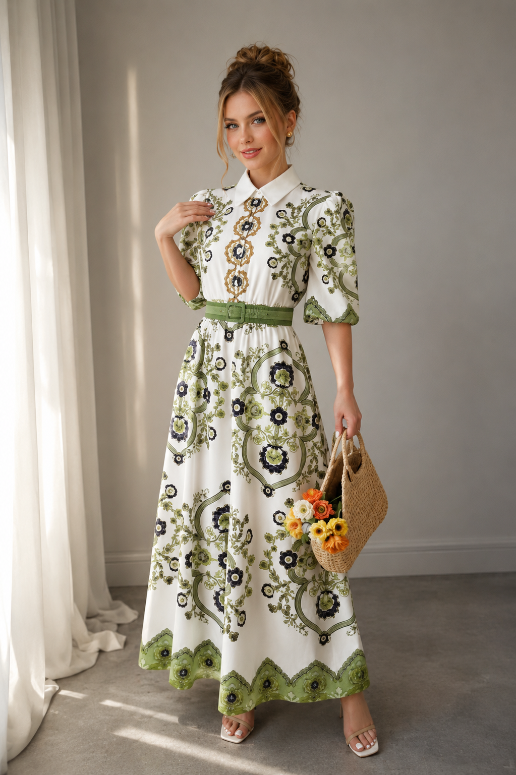 Robe Chemise Vintage À Imprimé Floral Totem – Manches Bouffantes Taille Haute Femme