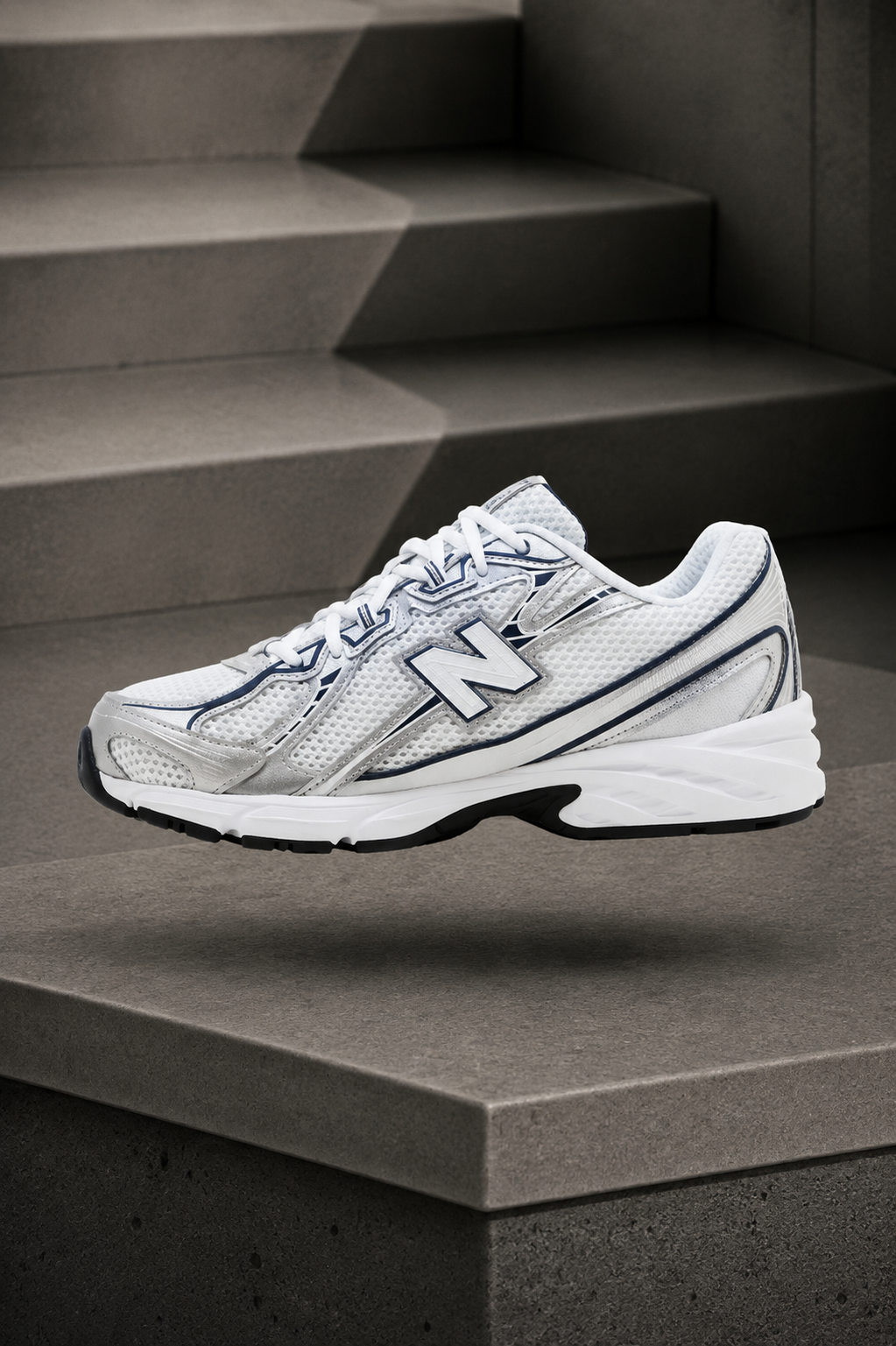 New Balance 740 — White / Silver Metallic / Navy