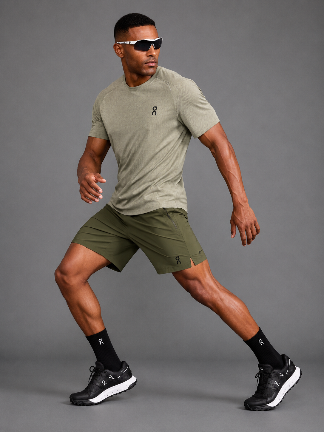 Ensemble Running Homme On — T-shirt + Short — Vert Kaki