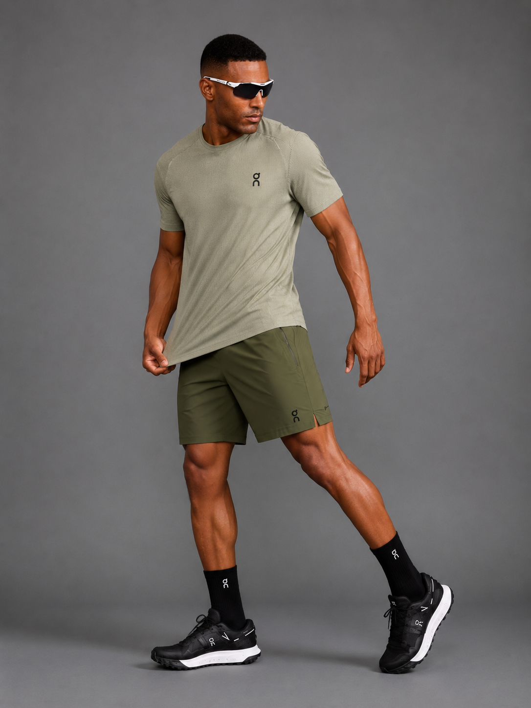 Ensemble Running Homme On — T-shirt + Short — Vert Kaki