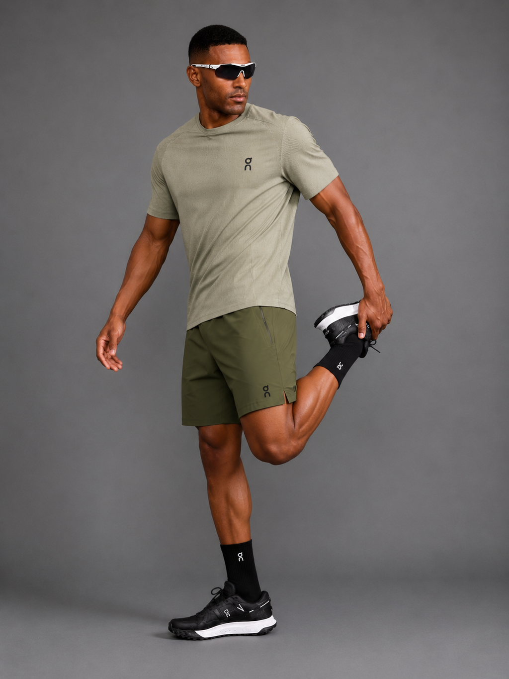 Ensemble Running Homme On — T-shirt + Short — Vert Kaki