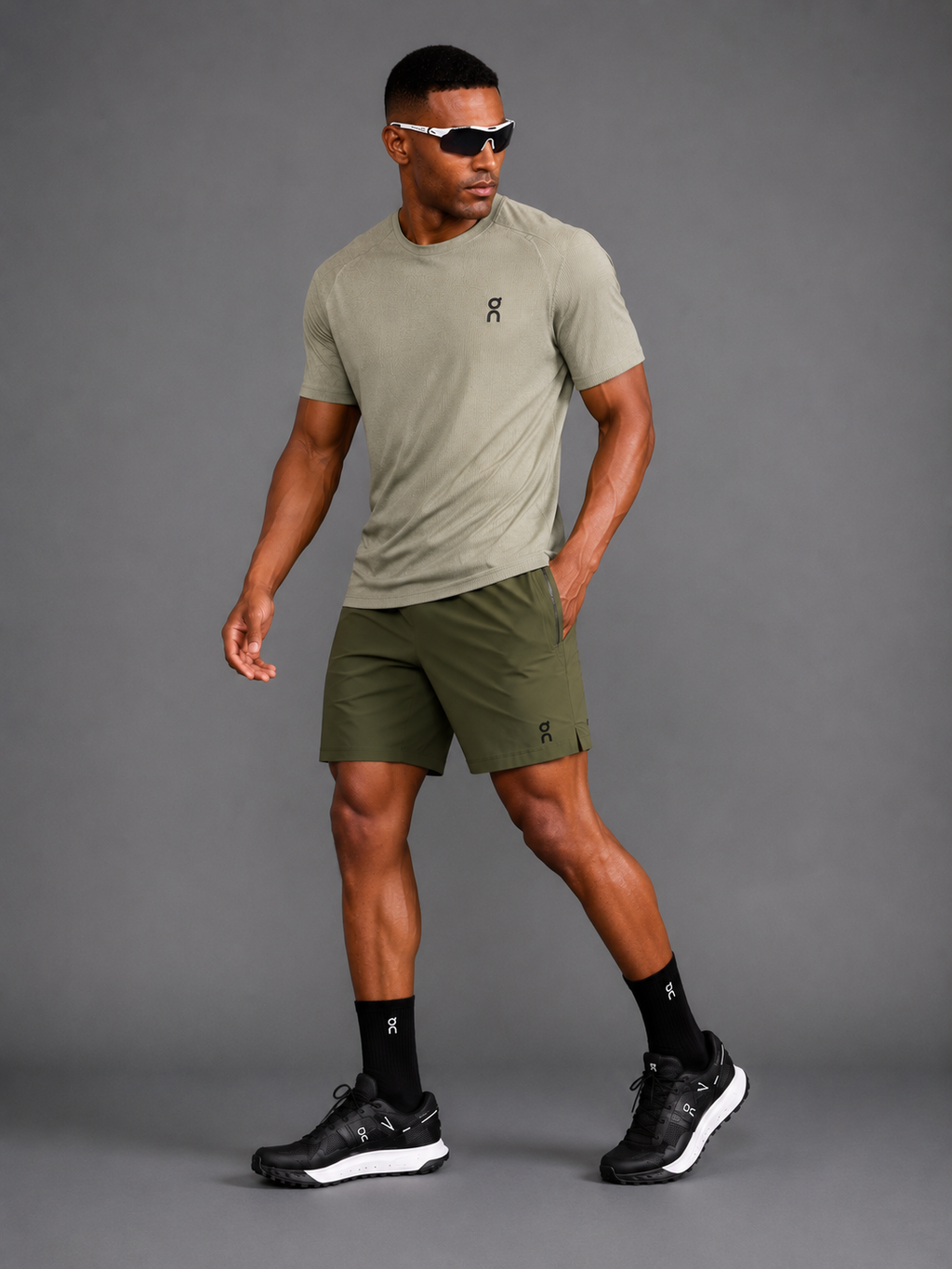 Ensemble Running Homme On — T-shirt + Short — Vert Kaki
