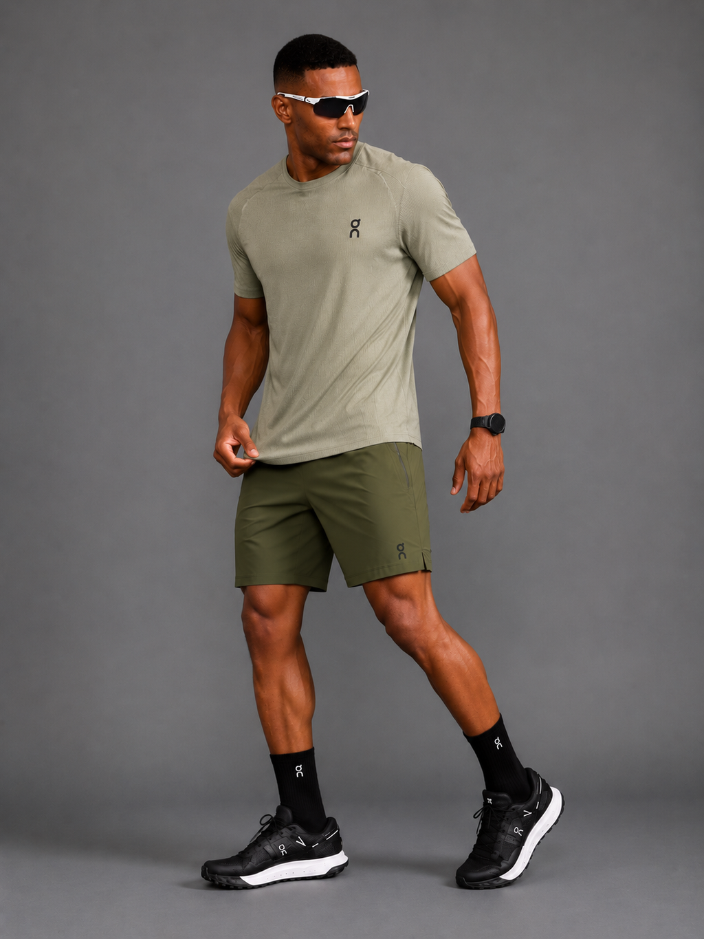Ensemble Running Homme On — T-shirt + Short — Vert Kaki