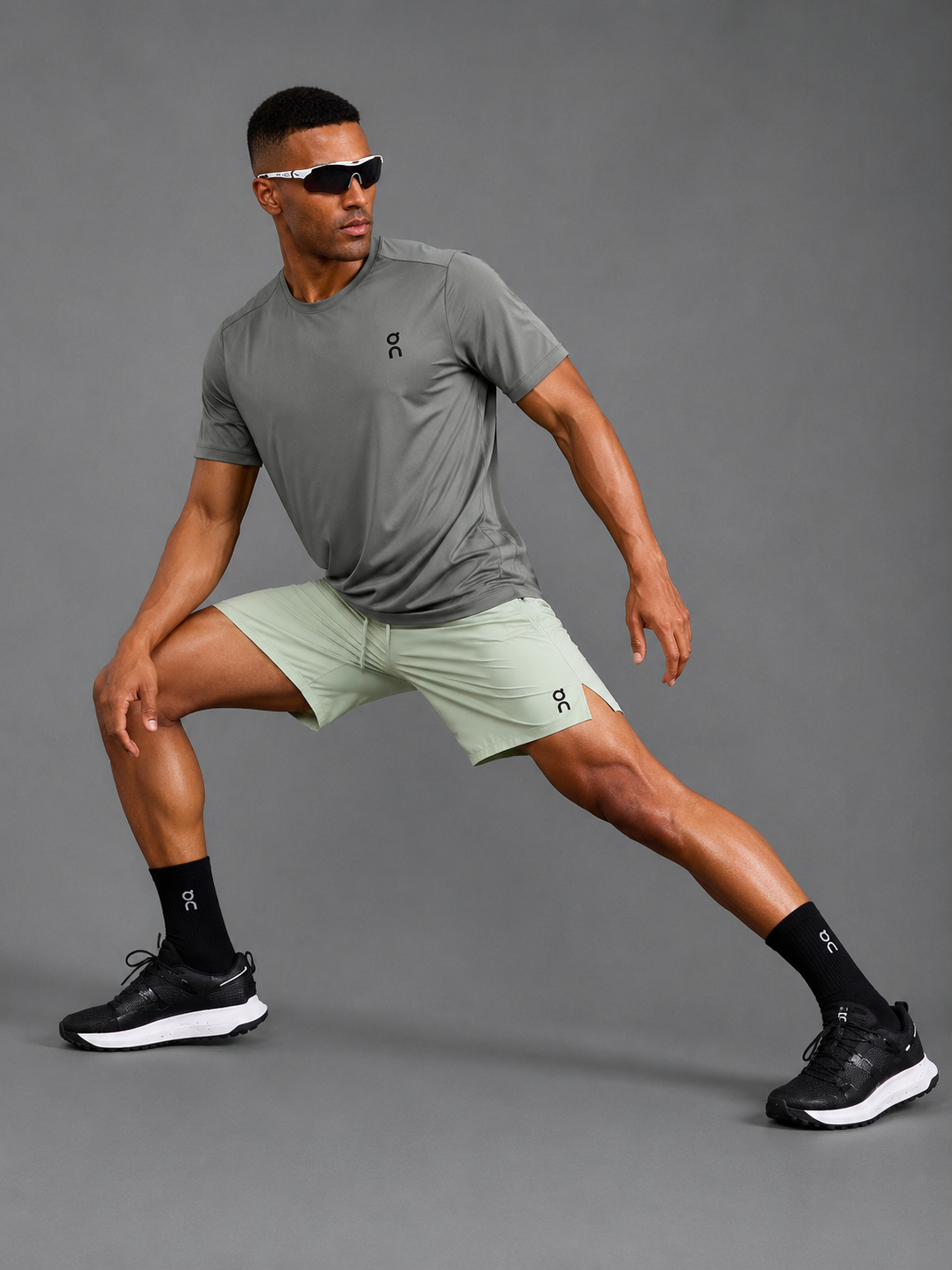 Ensemble Running Homme On — T-shirt Kaki Grisé + Short Vert Sauge Clair