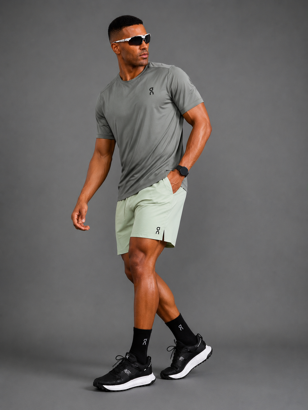 Ensemble Running Homme On — T-shirt Kaki Grisé + Short Vert Sauge Clair
