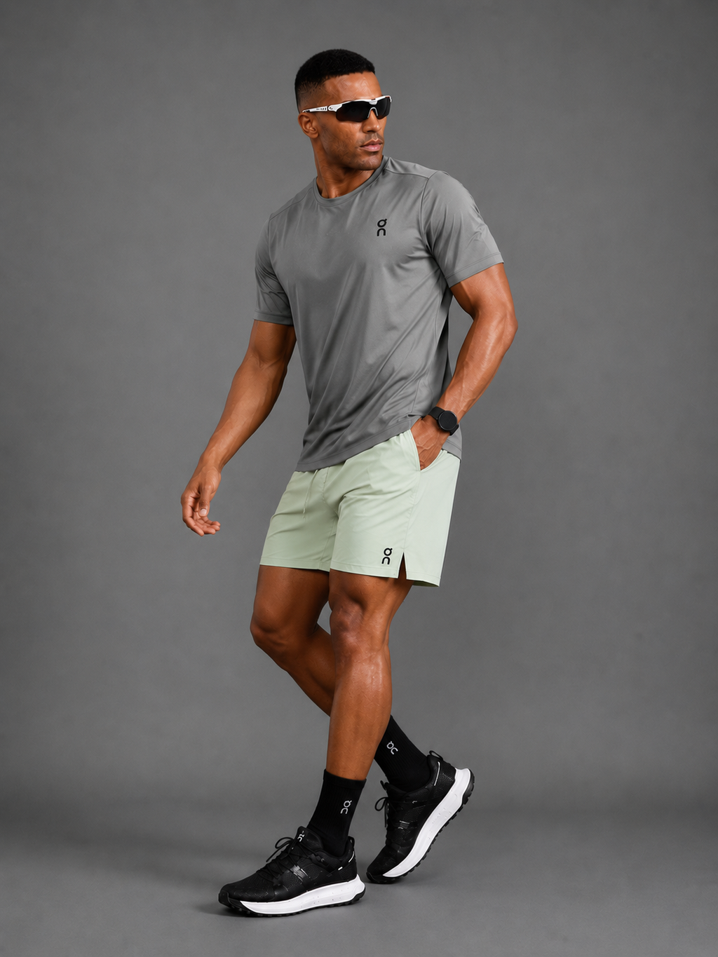 Ensemble Running Homme On — T-shirt Kaki Grisé + Short Vert Sauge Clair