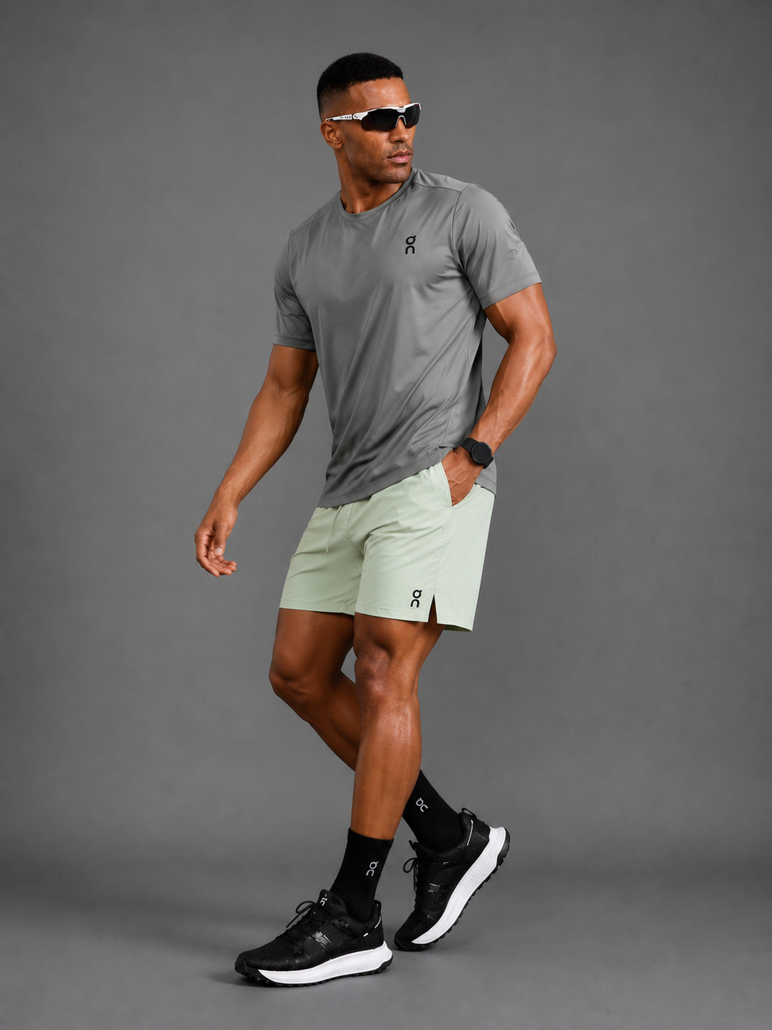 Ensemble Running Homme On — T-shirt Kaki Grisé + Short Vert Sauge Clair