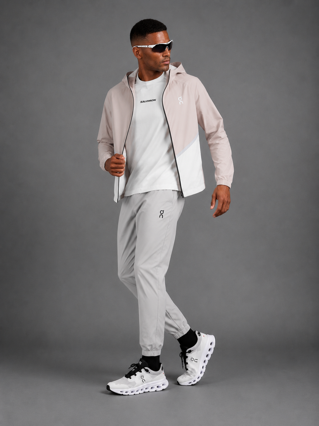 ON RUNNING — Ensemble Veste à Capuche + Pantalon — Rose Poudré & Gris Clair