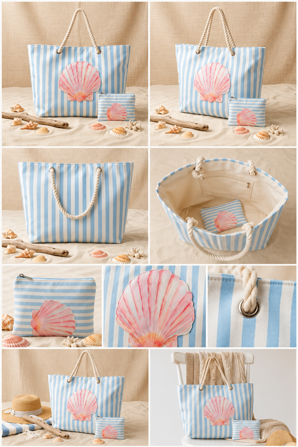 Ensemble Tote Bag & Pochette Coquillage Aquarelle – Collection Bord de Mer