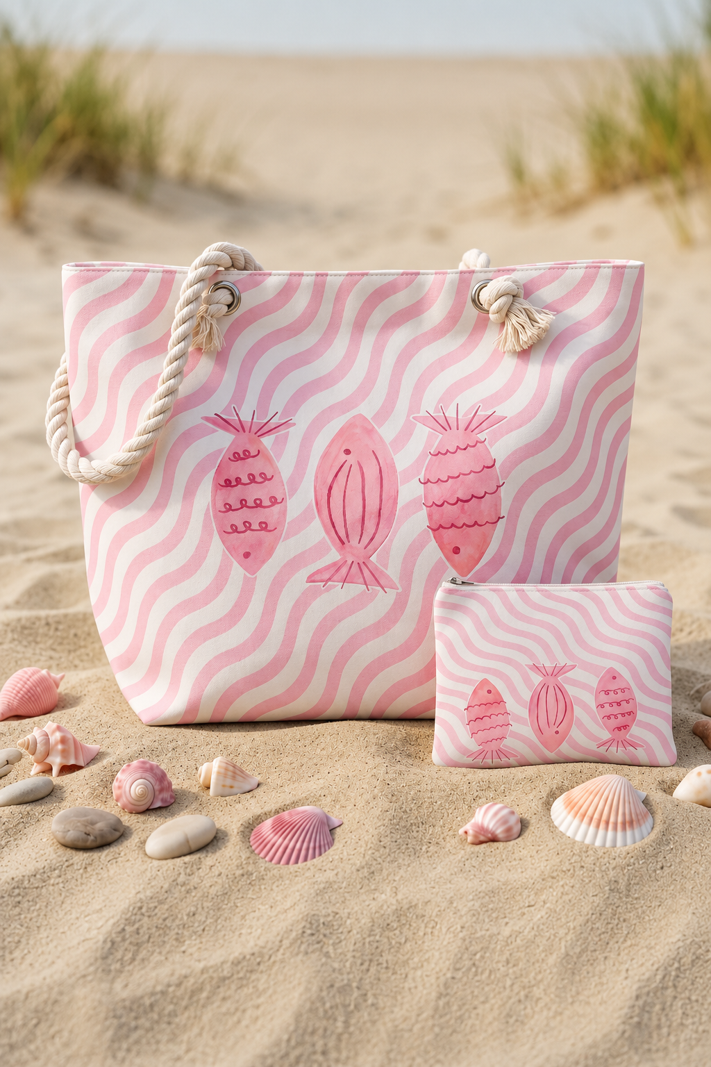 Ensemble Tote Bag & Pochette Poissons Aquarelle – Collection Bord de Mer