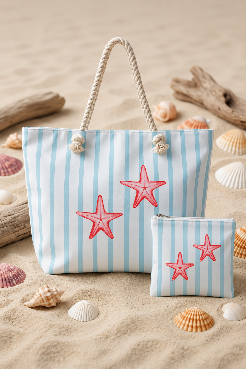 Ensemble Tote Bag Étoiles de Mer & Pochette Poissons – Collection Bord de Mer