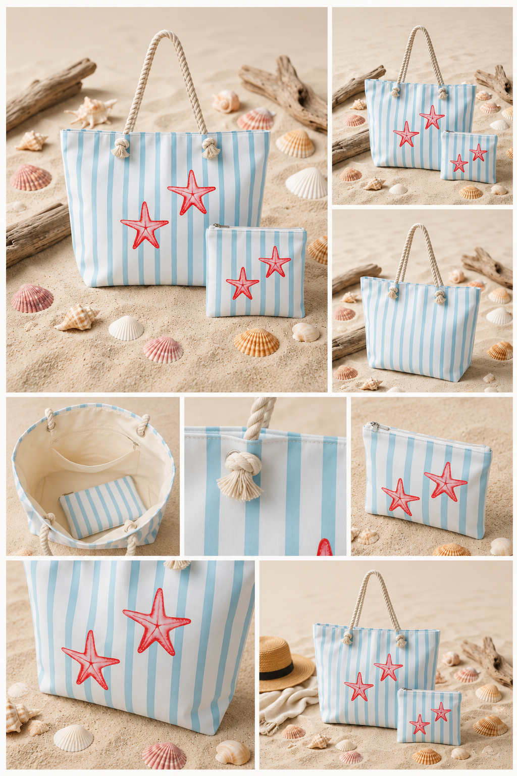 Ensemble Tote Bag Étoiles de Mer & Pochette Poissons – Collection Bord de Mer