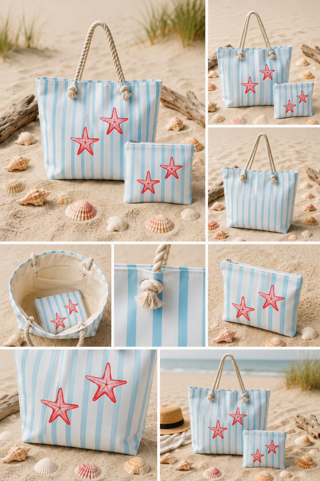 Ensemble Tote Bag Étoiles de Mer & Pochette Poissons – Collection Bord de Mer