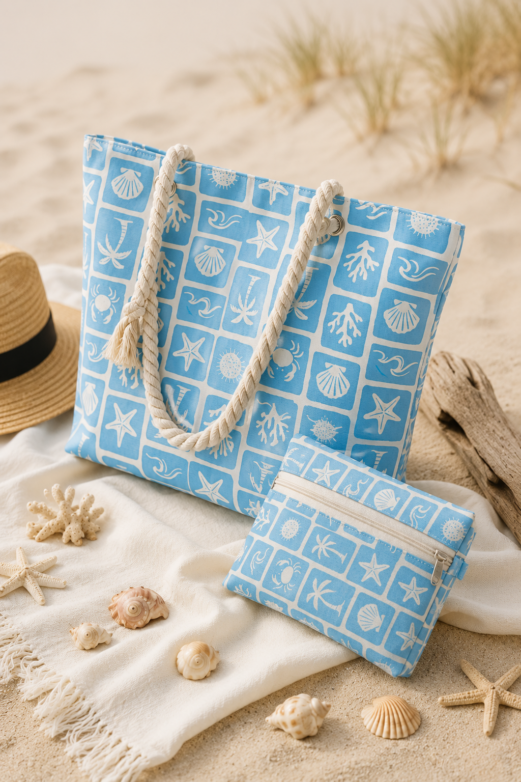 Ensemble Tote Bag & Pochette Mosaïque Océan – Collection Bord de Mer