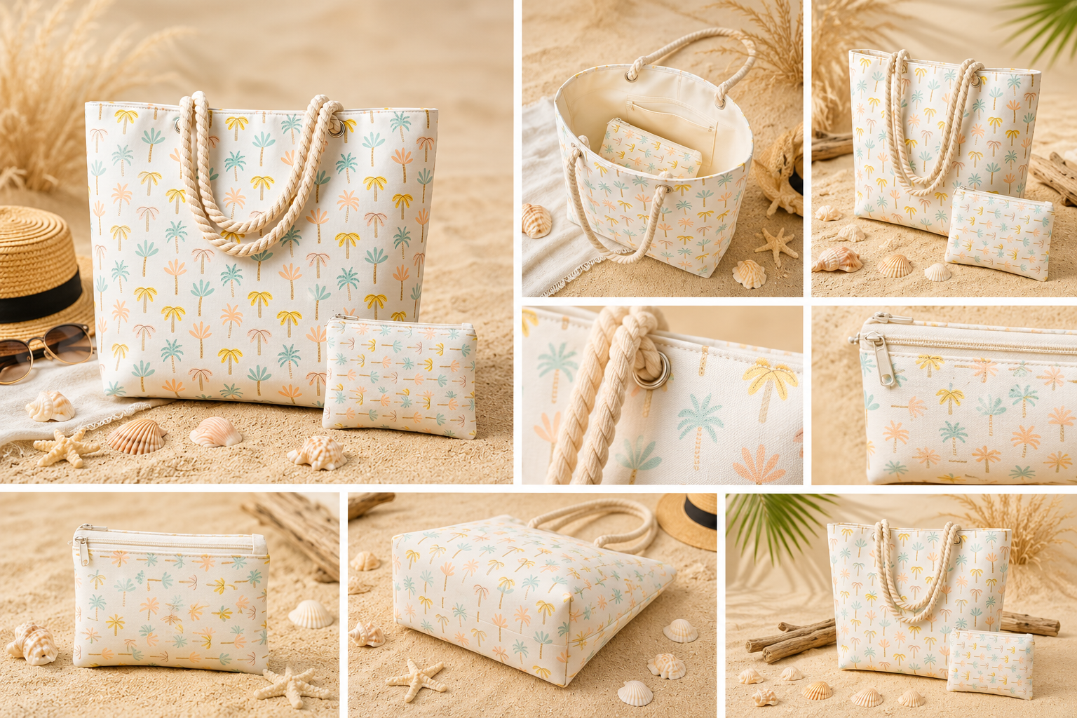 Ensemble Tote Bag & Pochette Palmiers Pastel – Collection Bord de Mer