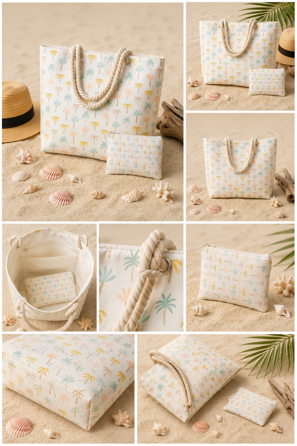 Ensemble Tote Bag & Pochette Palmiers Pastel – Collection Bord de Mer