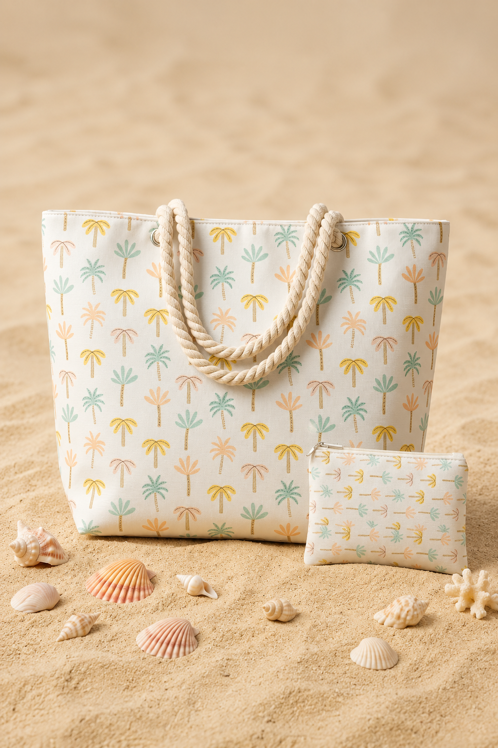 Ensemble Tote Bag & Pochette Palmiers Pastel – Collection Bord de Mer