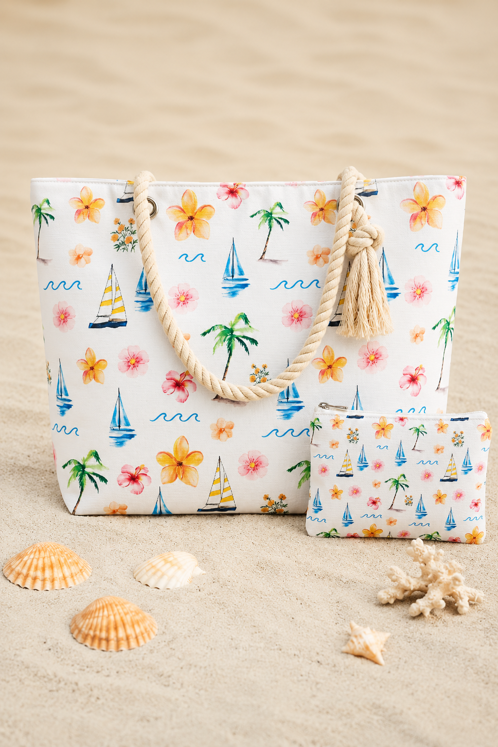 Ensemble Tote Bag & Pochette Aquarelle Tropicale – Collection Bord de Mer