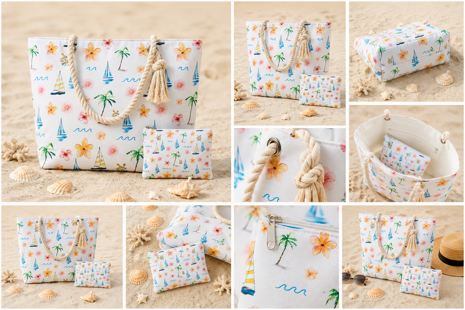 Ensemble Tote Bag & Pochette Aquarelle Tropicale – Collection Bord de Mer