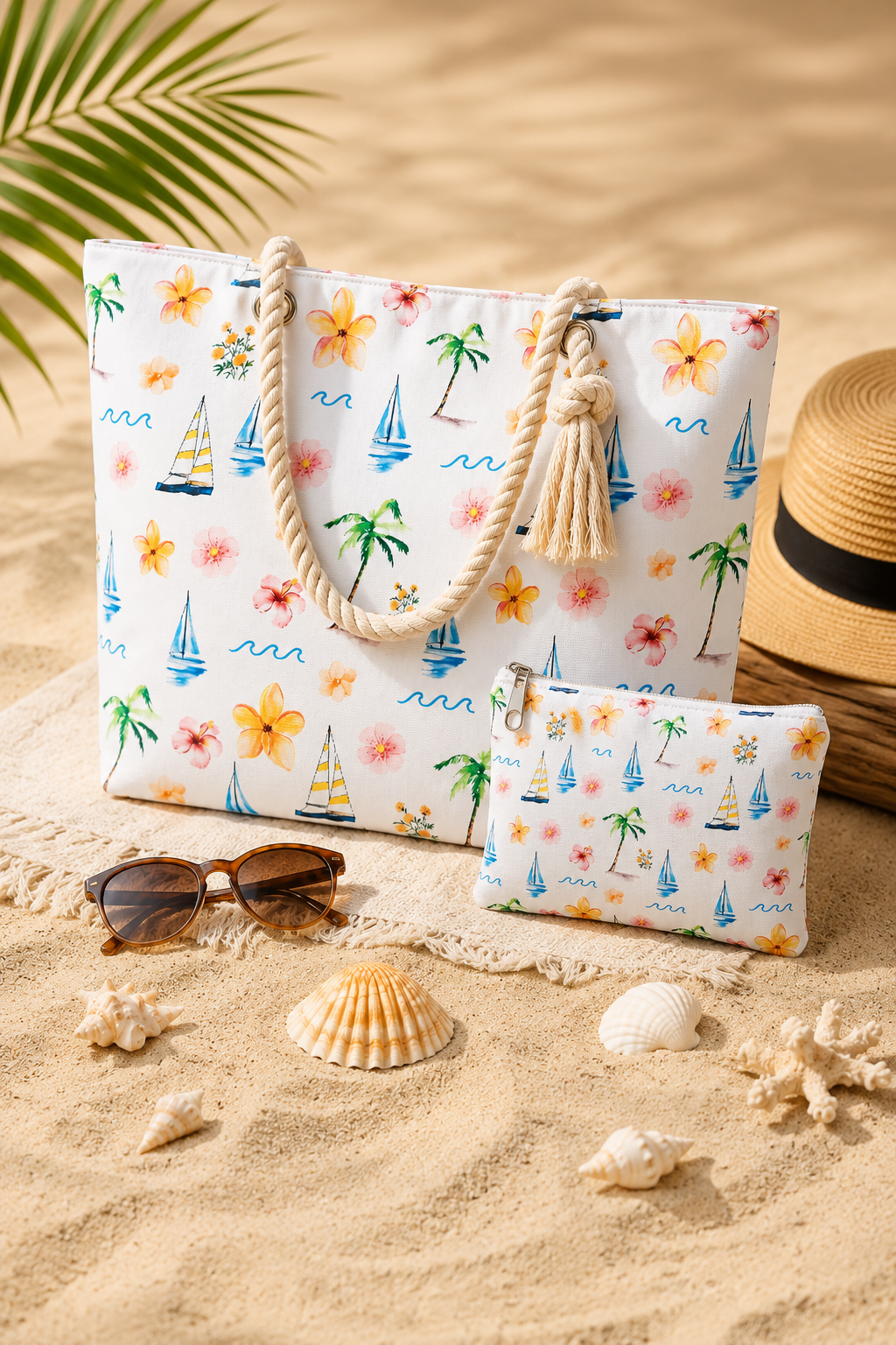 Ensemble Tote Bag & Pochette Aquarelle Tropicale – Collection Bord de Mer