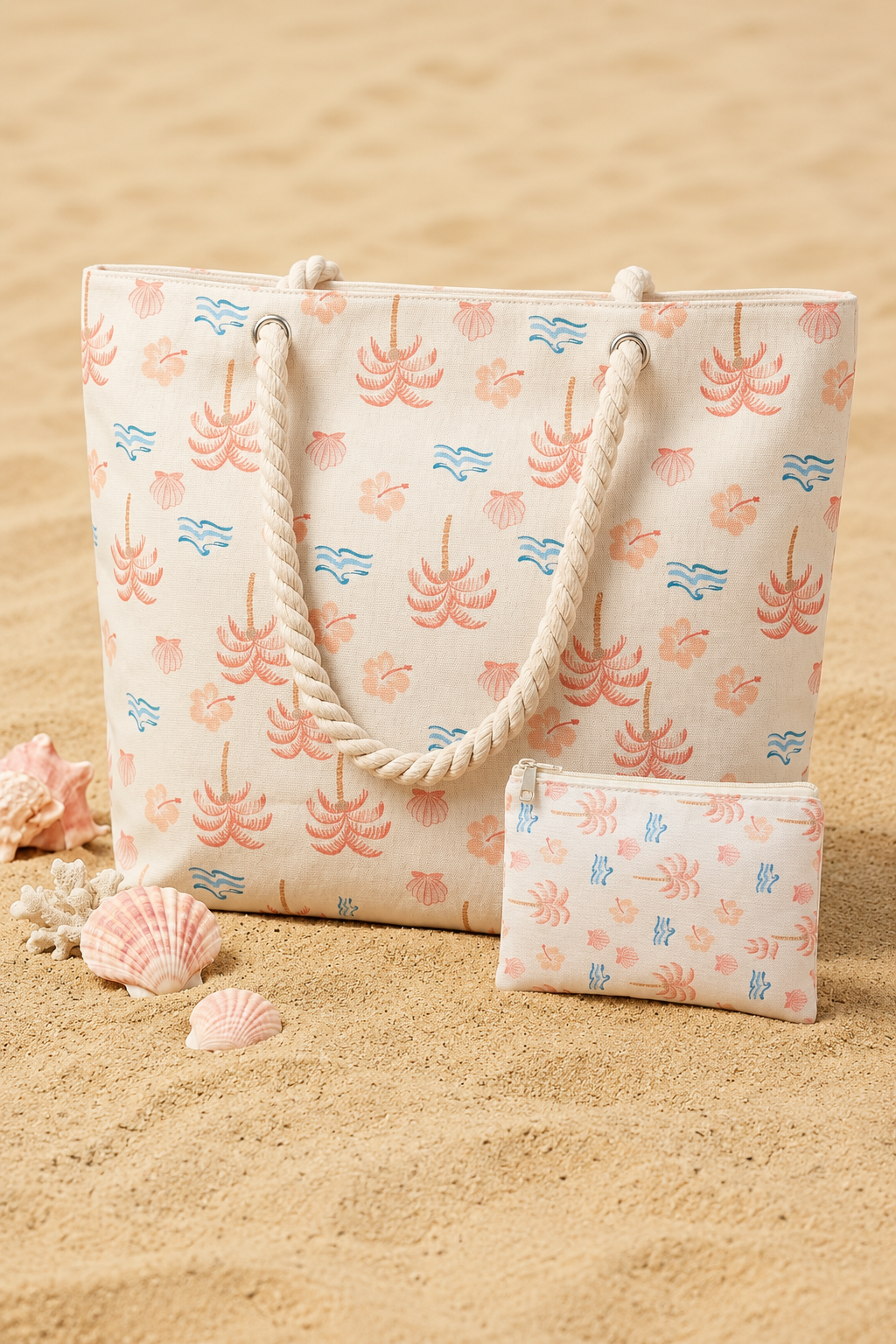 Ensemble Tote Bag & Pochette Palmiers Rose Corail – Collection Bord de Mer