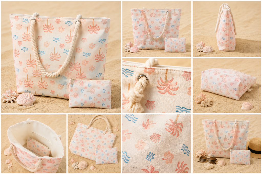 Ensemble Tote Bag & Pochette Palmiers Rose Corail – Collection Bord de Mer