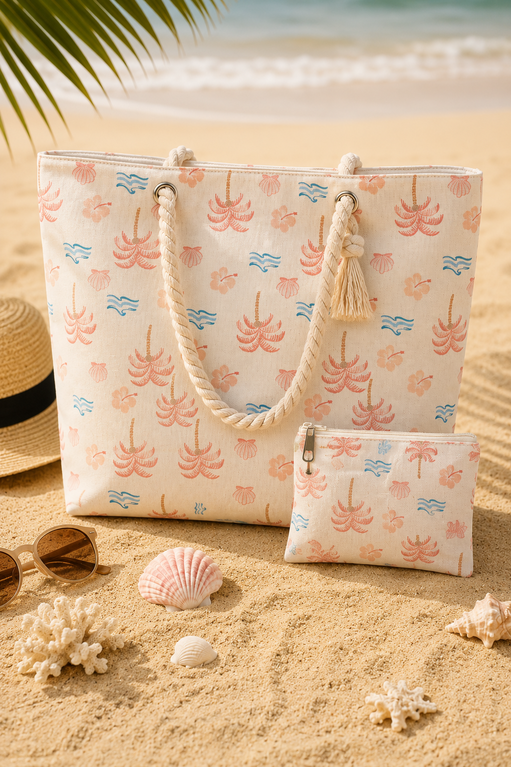 Ensemble Tote Bag & Pochette Palmiers Rose Corail – Collection Bord de Mer