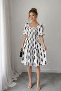Robe Midi Trapèze À Imprimé Floral Vintage – Col Carré Manches Bouffantes Femme