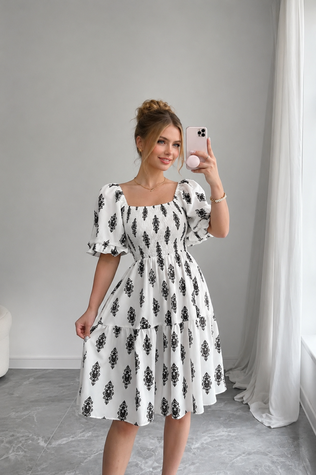 Robe Midi Trapèze À Imprimé Floral Vintage – Col Carré Manches Bouffantes Femme