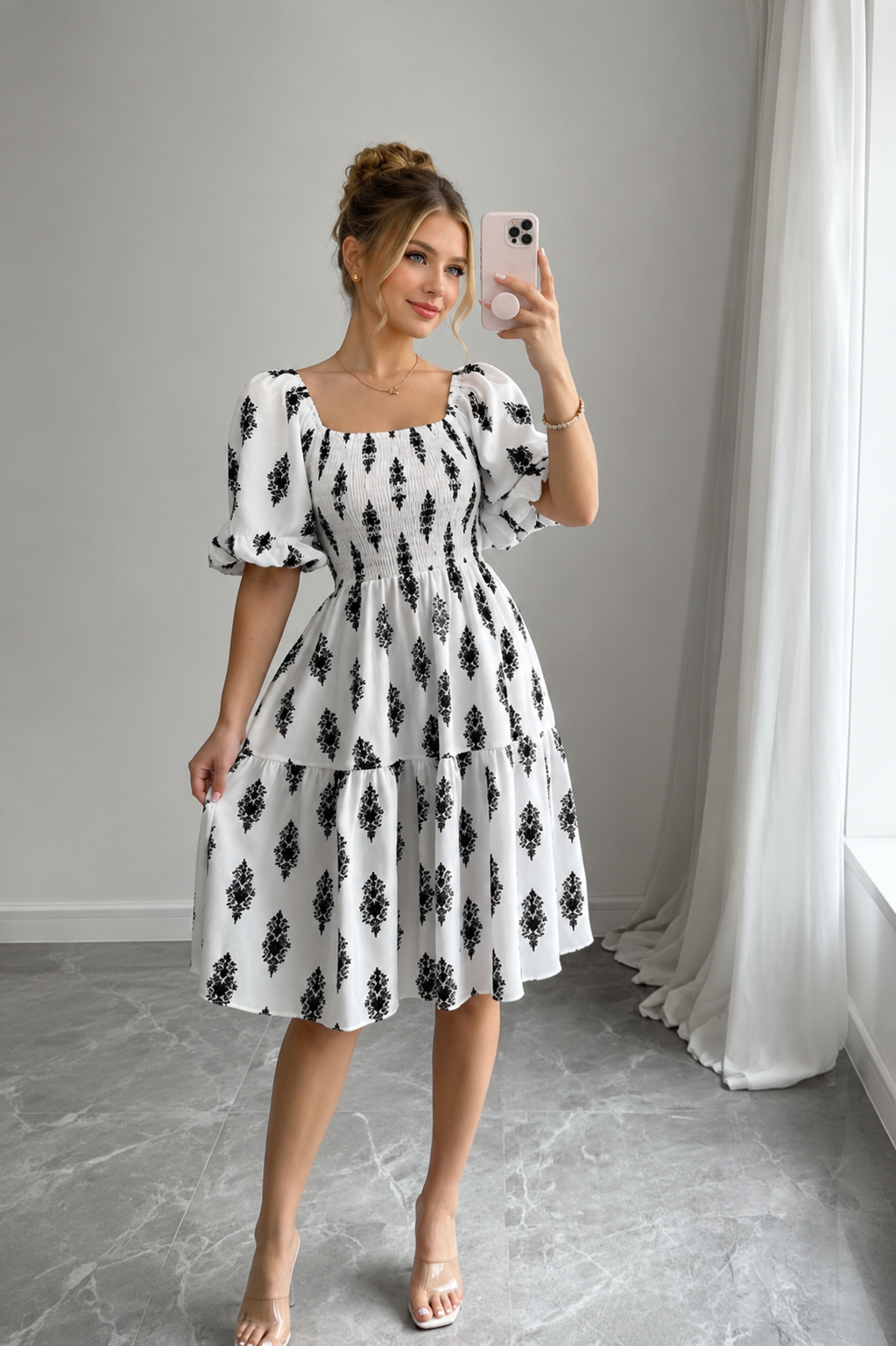Robe Midi Trapèze À Imprimé Floral Vintage – Col Carré Manches Bouffantes Femme