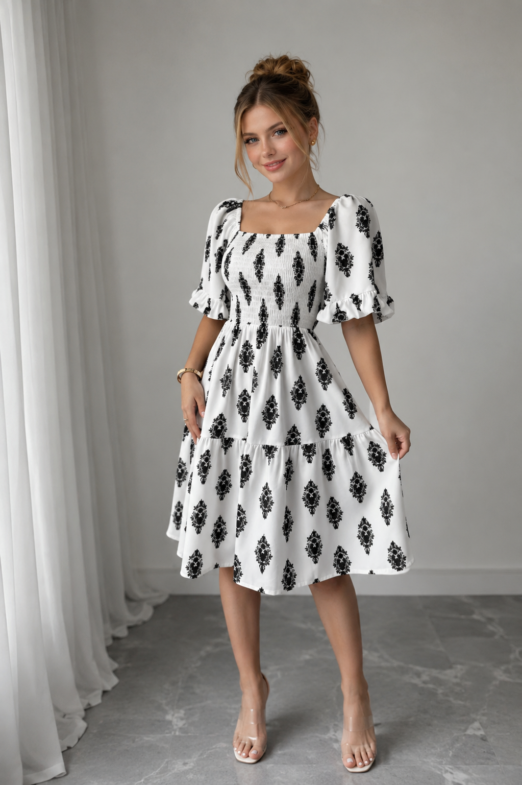 Robe Midi Trapèze À Imprimé Floral Vintage – Col Carré Manches Bouffantes Femme