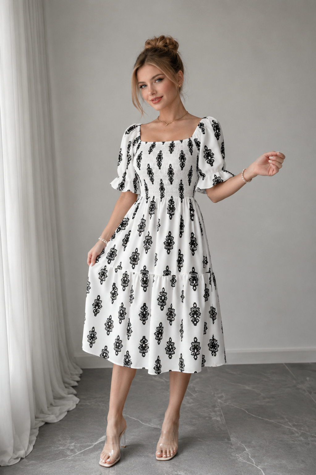 Robe Midi Trapèze À Imprimé Floral Vintage – Col Carré Manches Bouffantes Femme