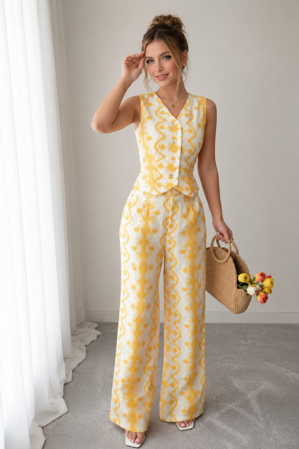 Ensemble 2 Pièces Brodé Floral Jaune – Gilet Péplum et Pantalon Large Femme