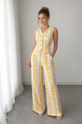 Ensemble 2 Pièces Brodé Floral Jaune – Gilet Péplum et Pantalon Large Femme