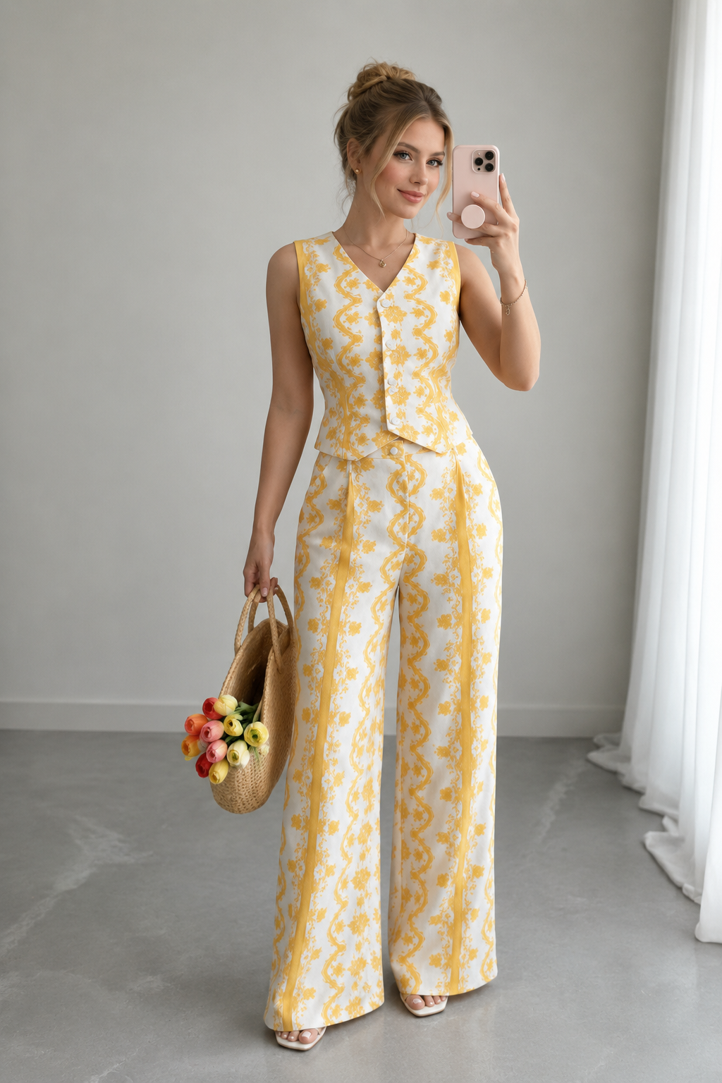 Ensemble 2 Pièces Brodé Floral Jaune – Gilet Péplum et Pantalon Large Femme