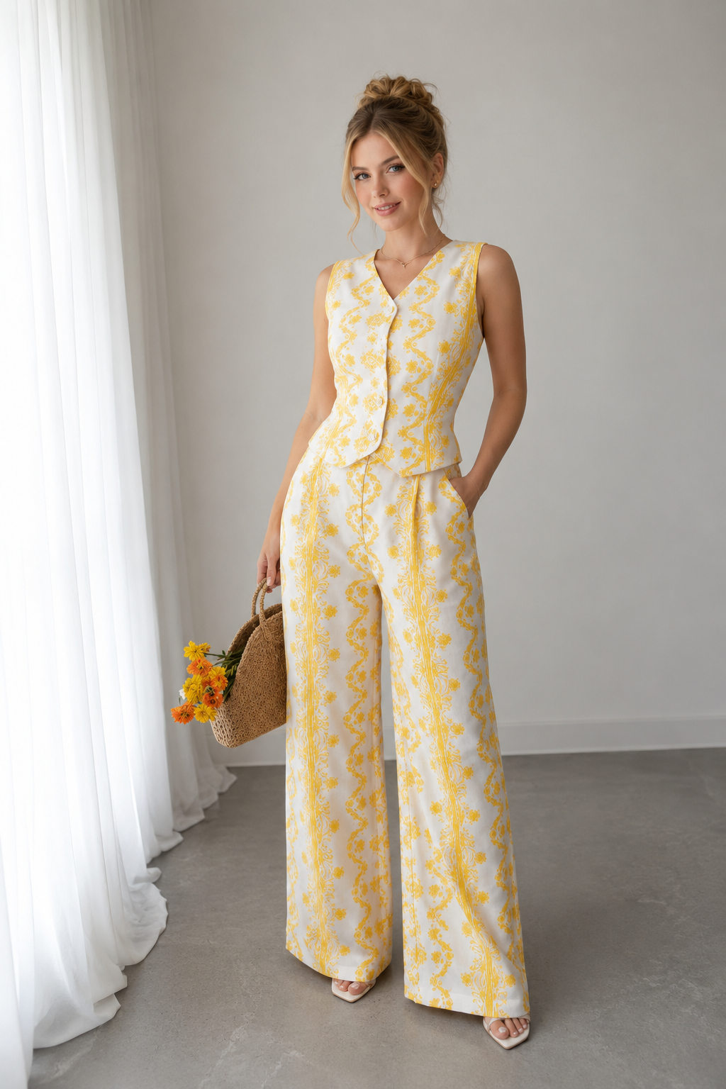 Ensemble 2 Pièces Brodé Floral Jaune – Gilet Péplum et Pantalon Large Femme