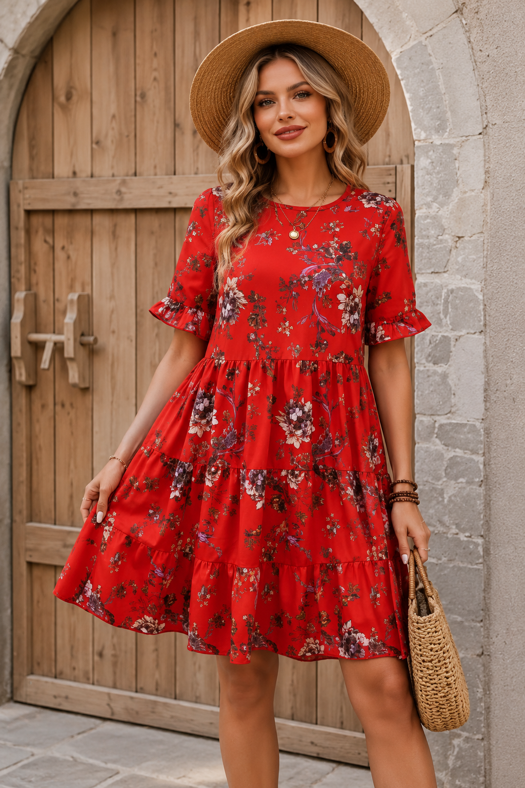 Robe Midi Évasée à Imprimé Floral et Manches à Volants – Femme