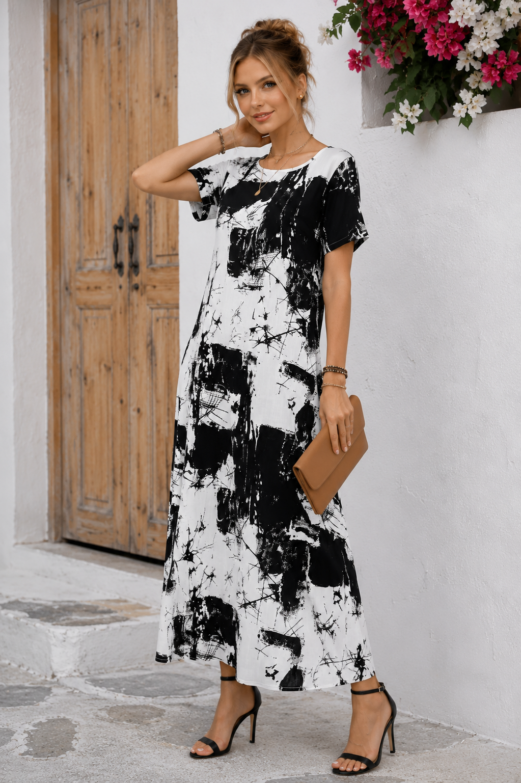 Robe Longue Ample à Imprimé Abstrait Noir & Blanc 🖤