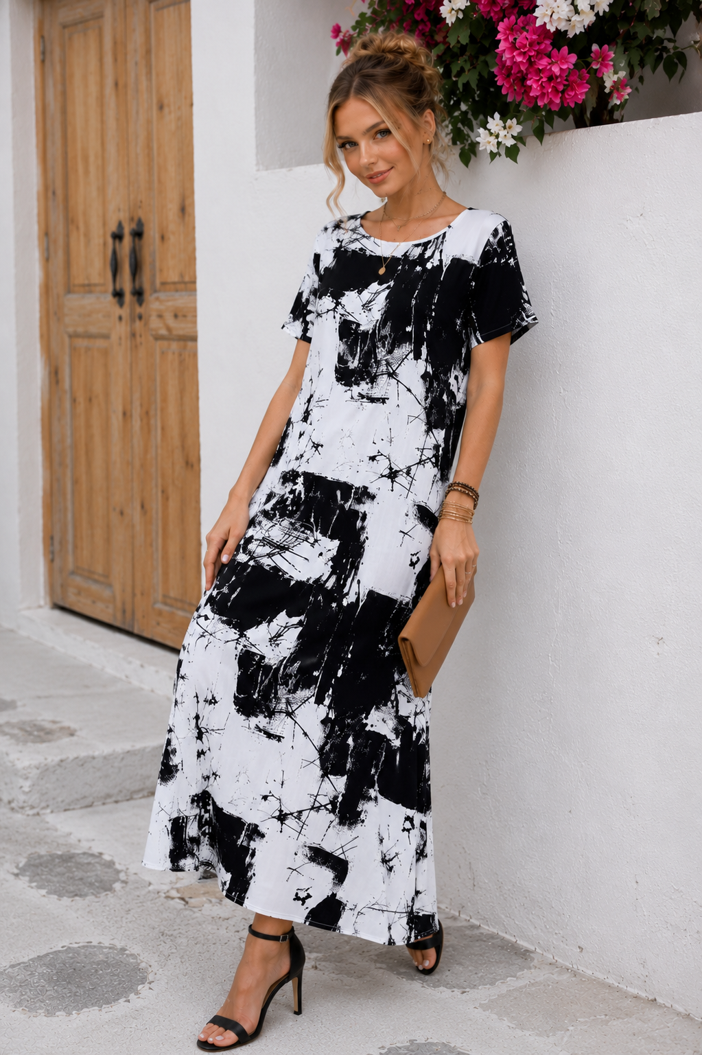 Robe Longue Ample à Imprimé Abstrait Noir & Blanc 🖤