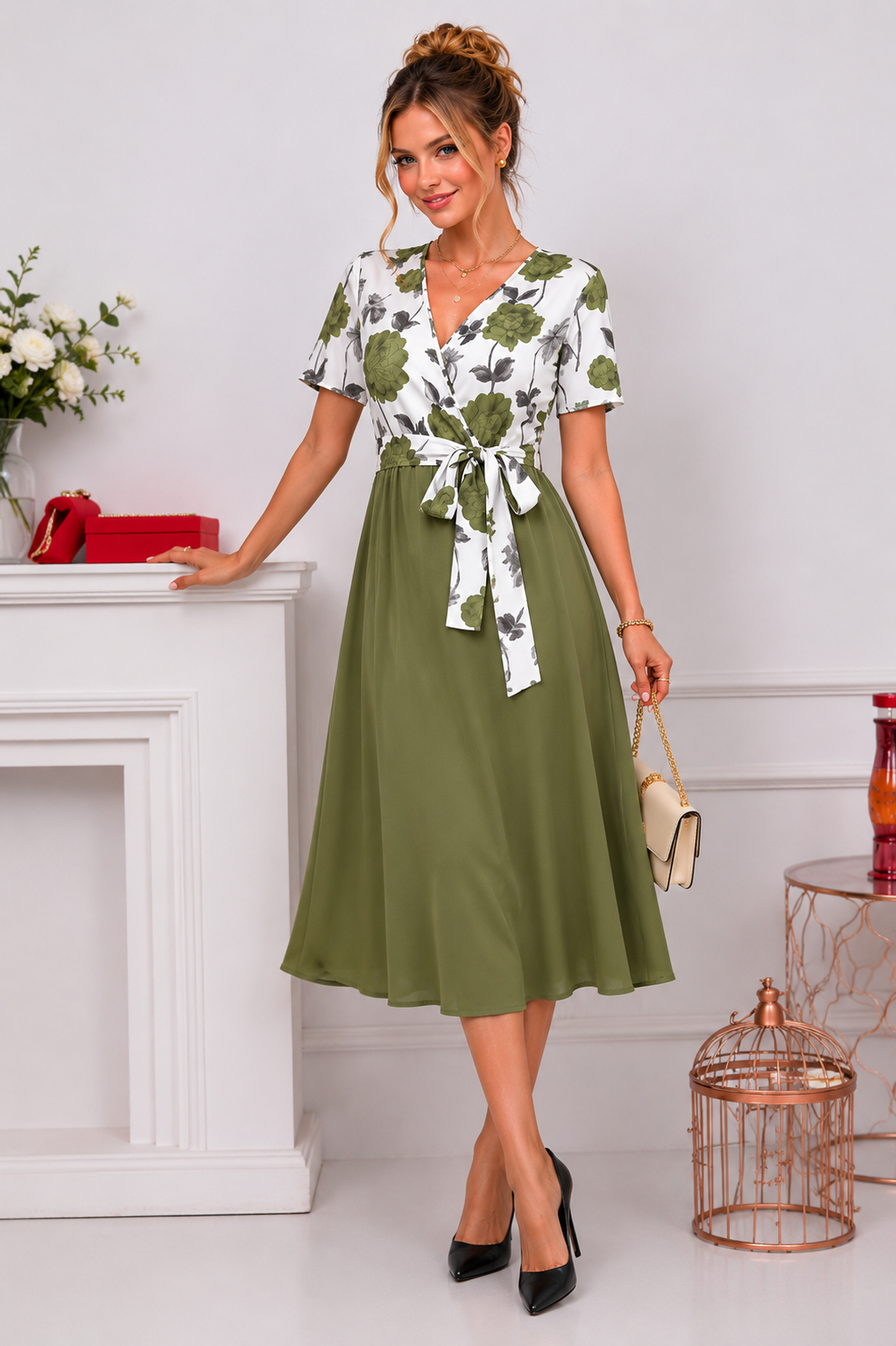 Robe Midi à Imprimé Floral & Taille Nouée 🌸