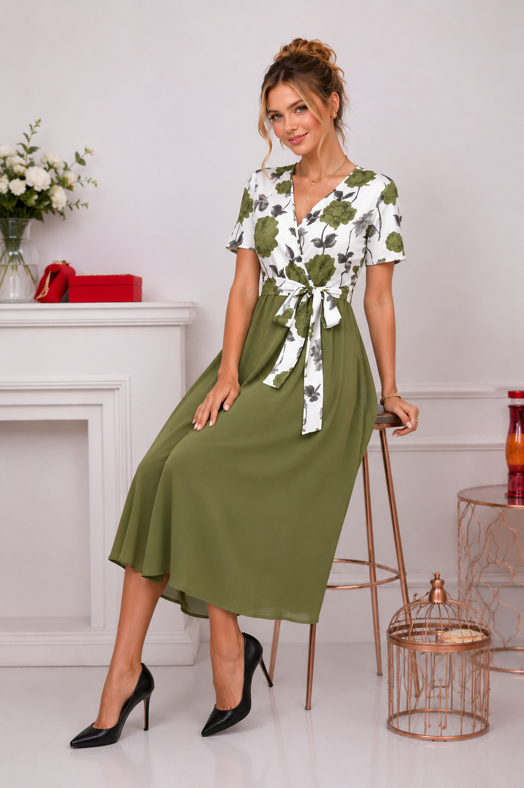 Robe Midi à Imprimé Floral & Taille Nouée 🌸