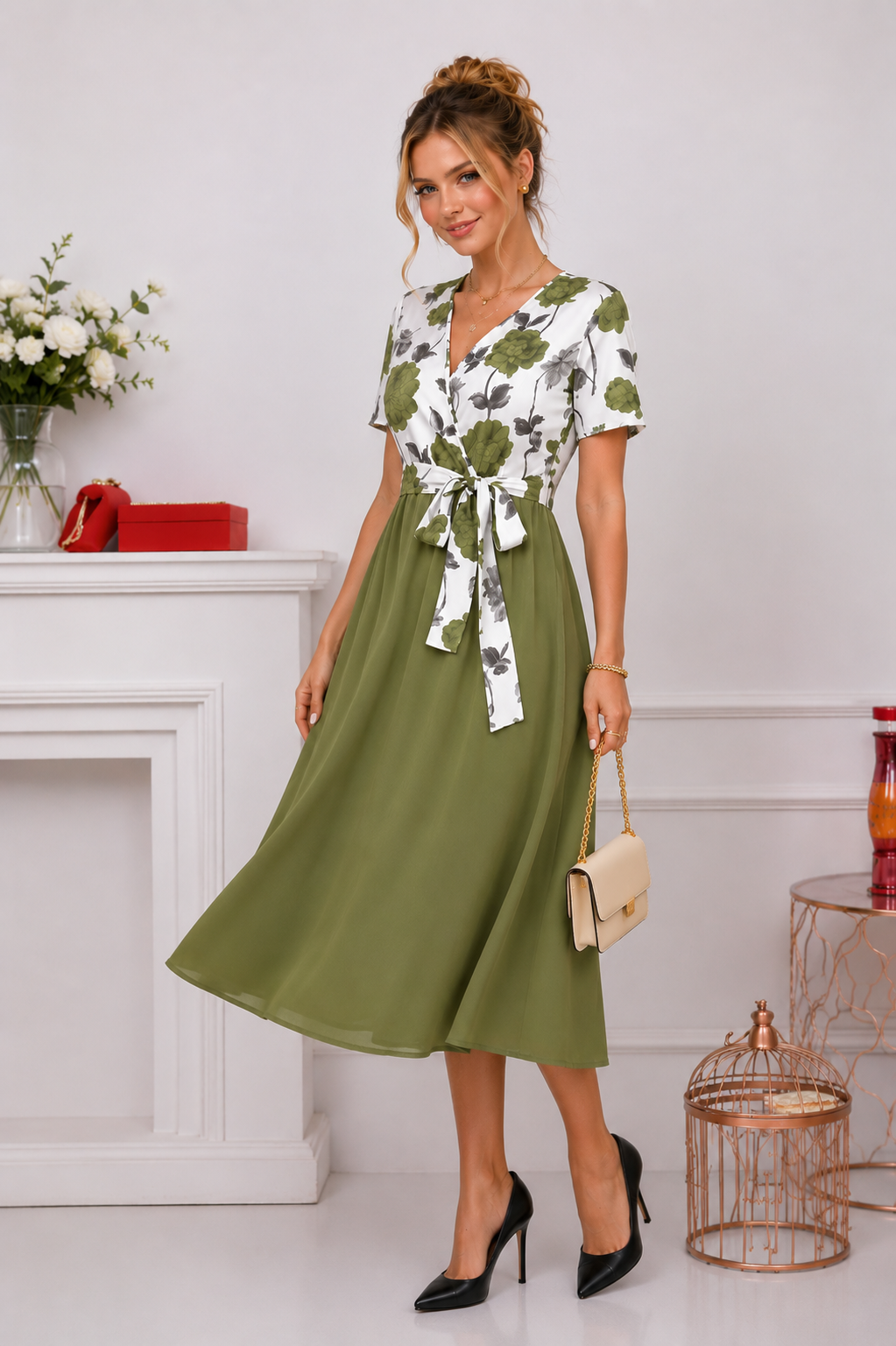 Robe Midi à Imprimé Floral & Taille Nouée 🌸