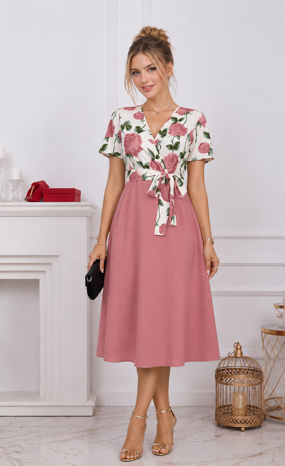 Robe Midi à Imprimé Floral & Taille Nouée 🌸