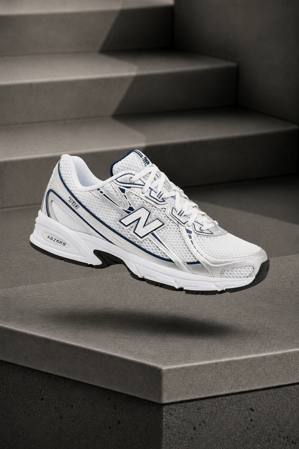 New Balance 740 — White / Silver Metallic / Navy